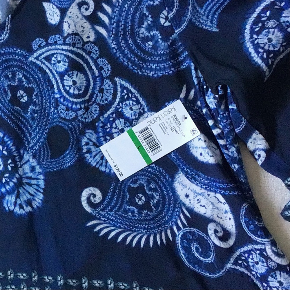 NEW Karen Kane Riviera Border Print Top Woman’s Size Large Blue Paisley Print - Picture 11 of 11
